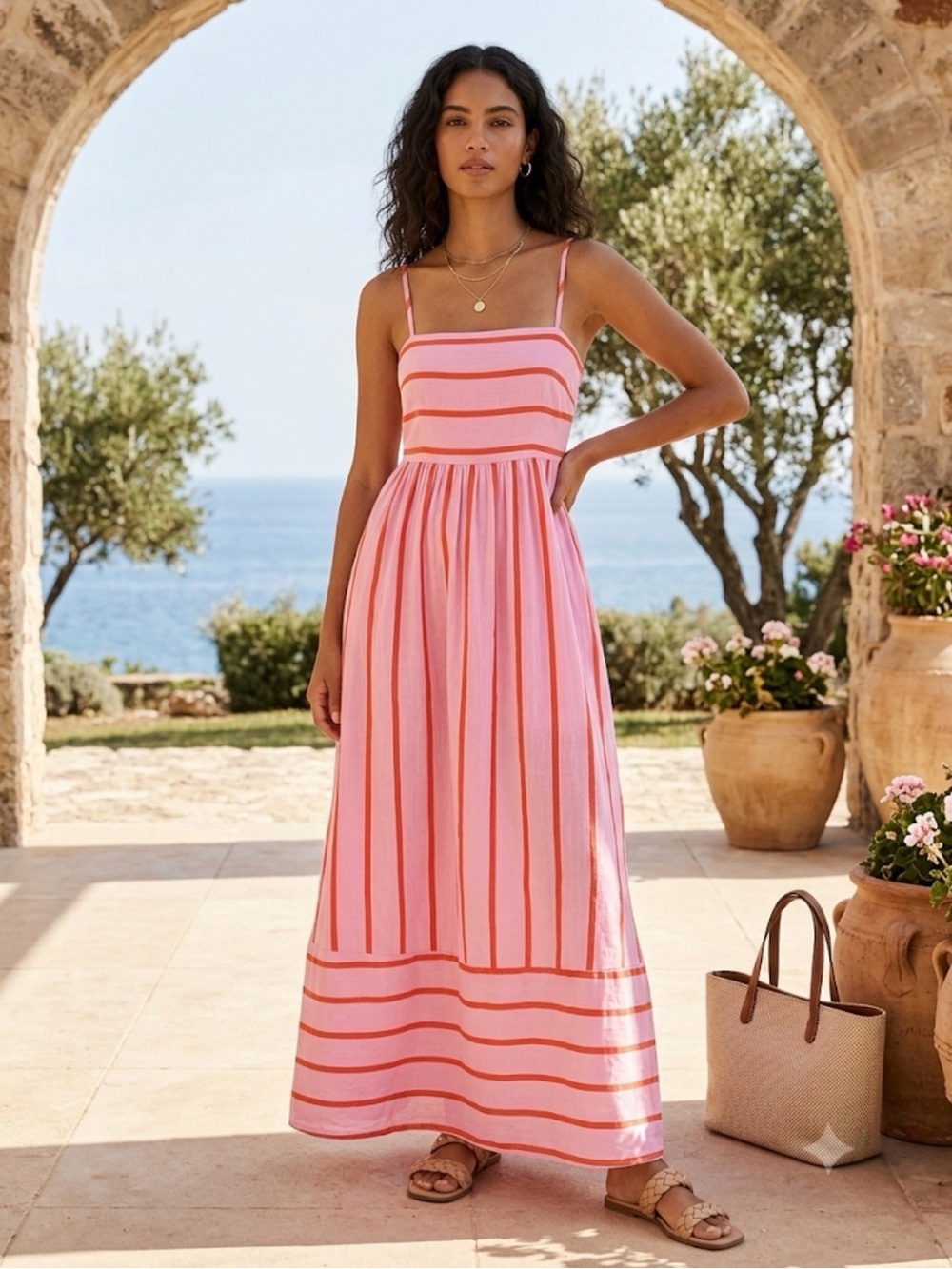 Petal & Pup Pikie Candy Striped Barbie Preppy Maxi Dress Medium.